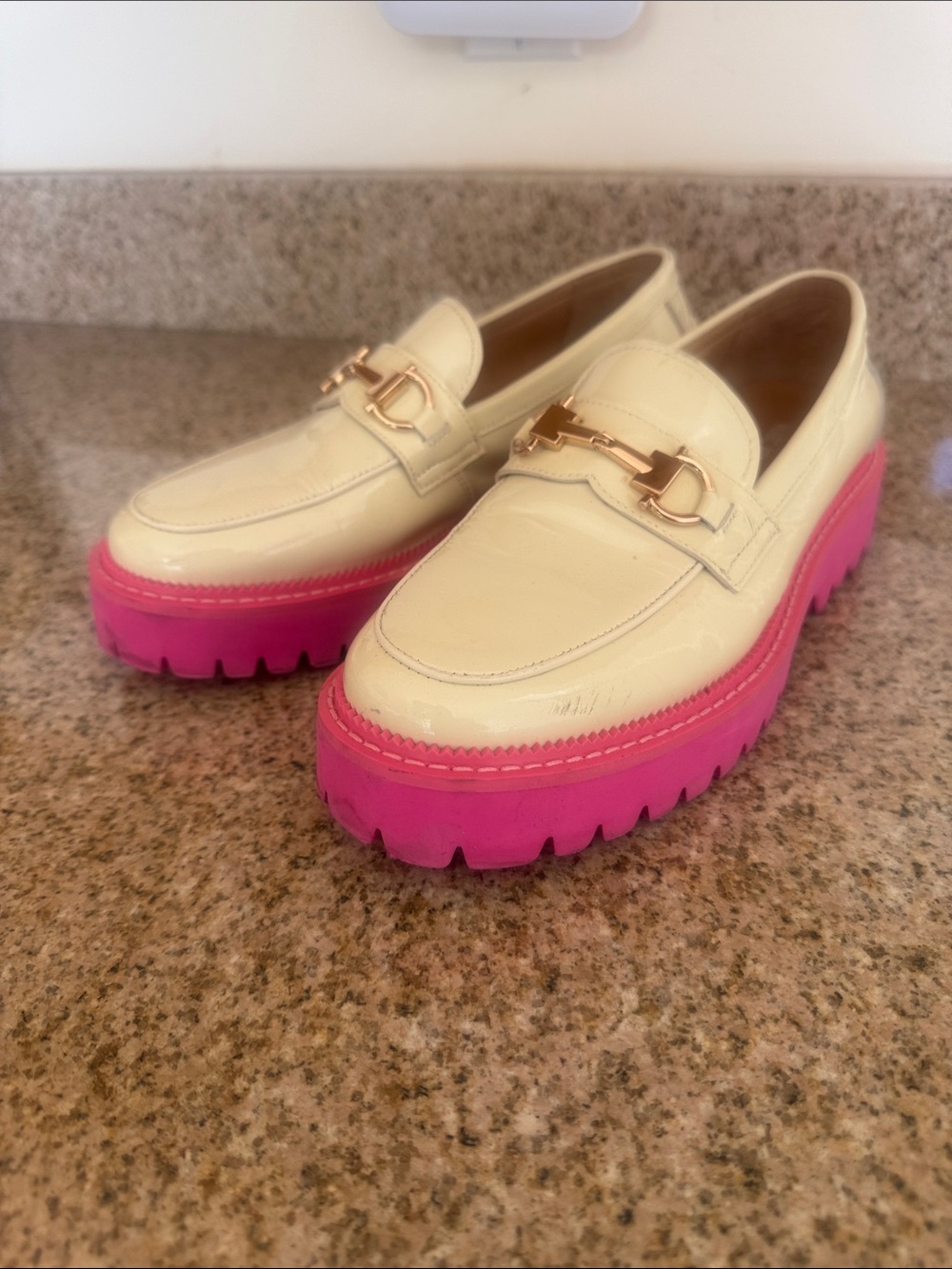 SOLD OUT! 
Mark Nolan Cream Leather Loafers with Pink Lug Sole & Gold Hardware.